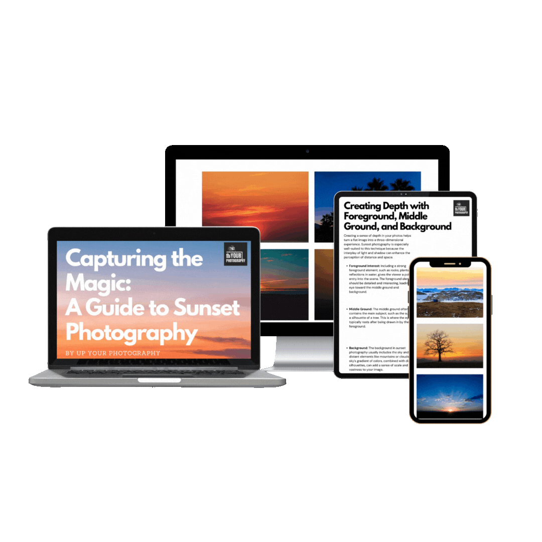 GIF showcasing photography resources, featuring ‘Capturing the Magic: A Guide to Sunset Photography’ and tips on creating depth with foreground, middle ground, and background