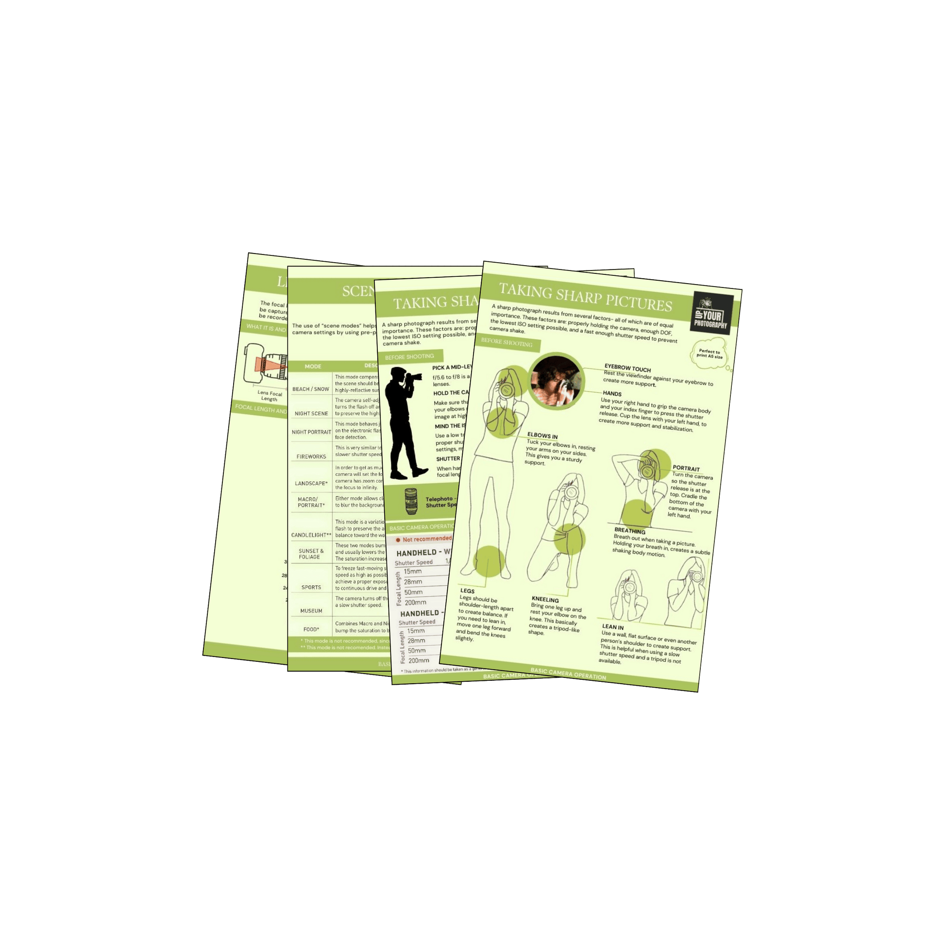 Basic Camera Operation: A set of green-themed cheat sheets that cover essential camera functions for beginners. Topics include taking sharp pictures, scene modes, and using different camera settings for optimal results. Each sheet includes simple diagrams and visuals.