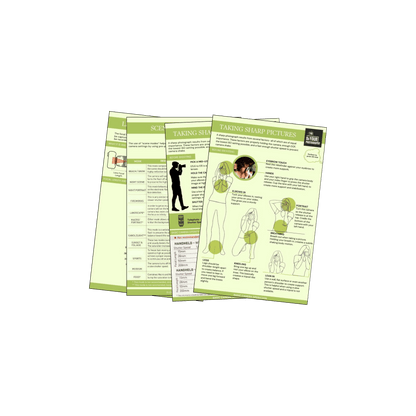 Basic Camera Operation: A set of green-themed cheat sheets that cover essential camera functions for beginners. Topics include taking sharp pictures, scene modes, and using different camera settings for optimal results. Each sheet includes simple diagrams and visuals.